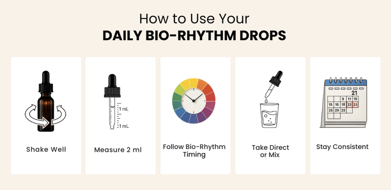 Instructions on how to use daily bio-rhythm drops with icons and text.