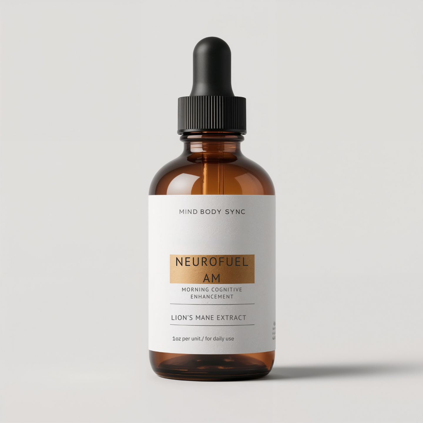 Bottle of Neurofuel AM supplement with a white label on a gray background