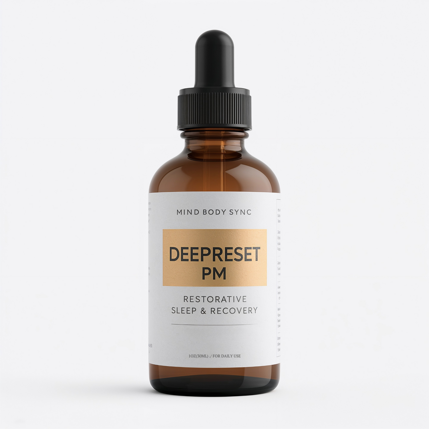 amber glass dropper bottle with black cap, the name is DeepReset PM, the brand is Mind Body Sync